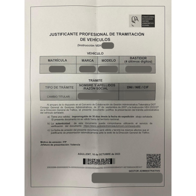 Ejemplo justificante traspaso vehículo substituido