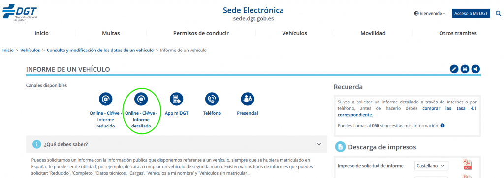 Descargar el informe del vehículo desde la DGT para vender CAE coche eléctrico